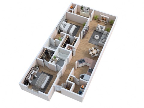 Floor plan for 2 beds, 2 baths, 905 sqft